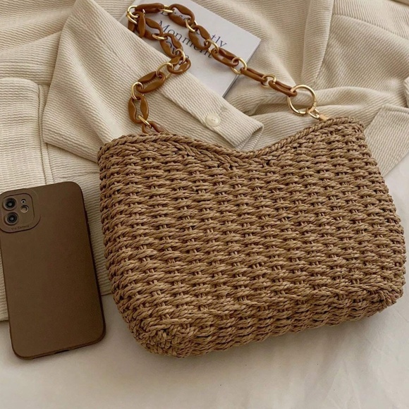 Boho Straw Woven Rattan Chain Strap Shoulder Bag - Picture 8 of 9